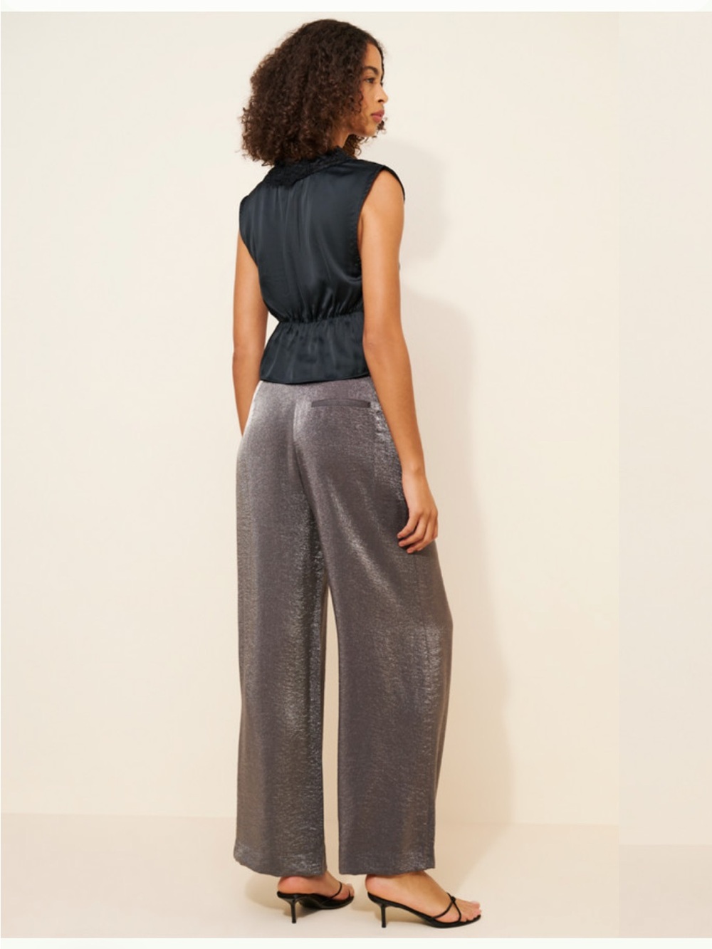 Maeve Shimmered Pleated Wide Leg Trouser Pants Dark Metallic Gray Satin Sparkle